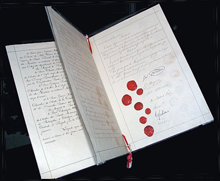 Il documento originale dalla prima Convenzione di Ginevra nel 1864, fornito per prendersi cura di soldati feriti.